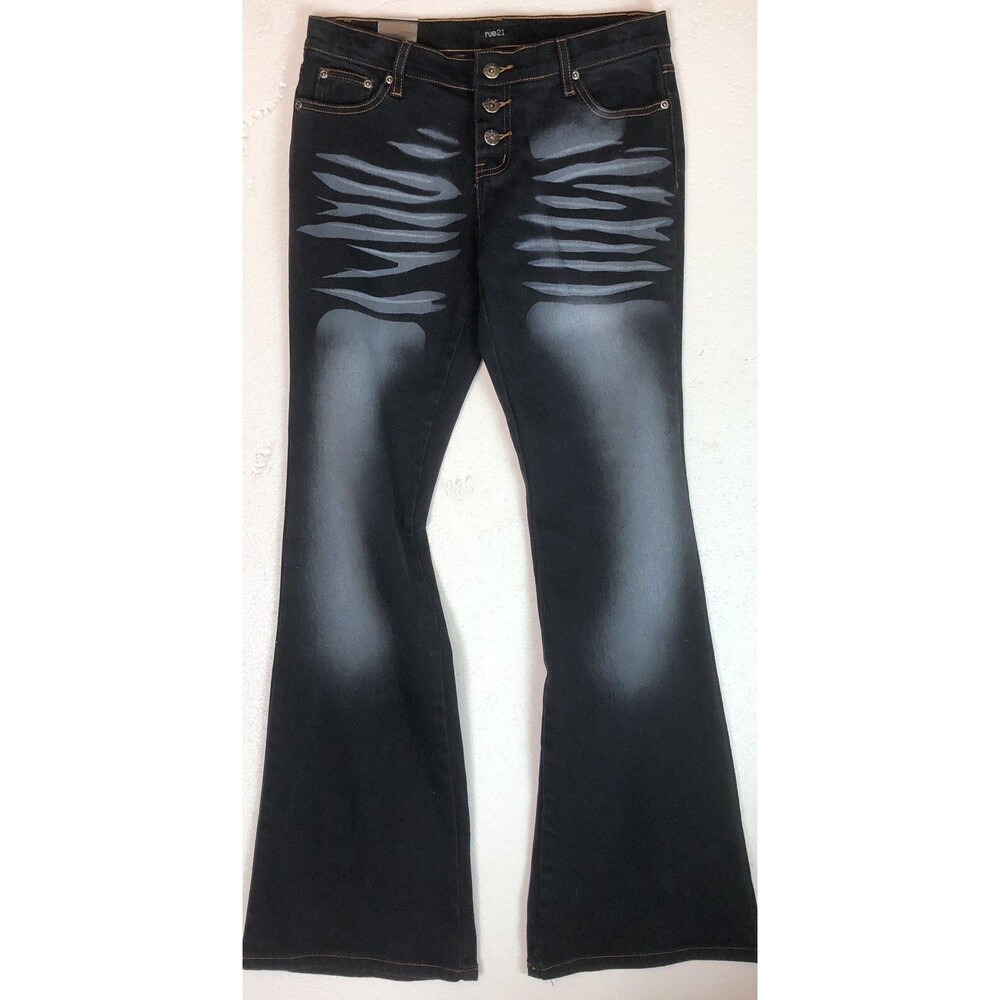 Nwt Rue 21 Jeans 1/2 Black 2 Tone Button Fly 30”W Flare Cuff Mid Rise 90s Y2K